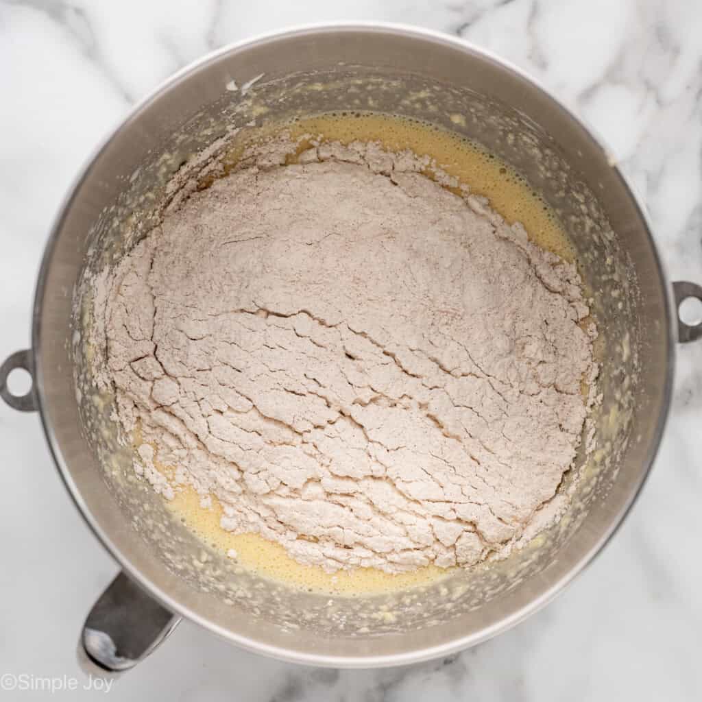 dry ingredients into wet ingredients to make coffee cake muffins