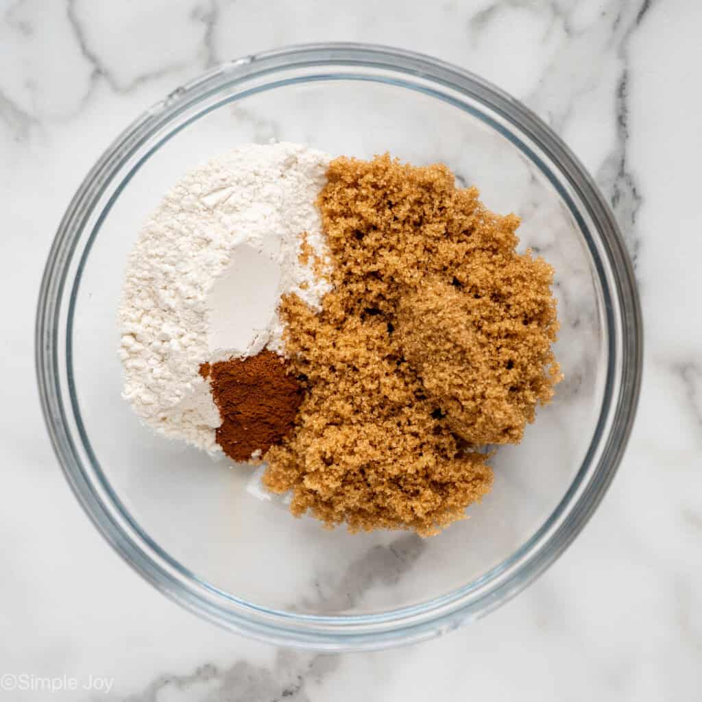 overhead of a bowl of brown sugar, flour, and cinnamon