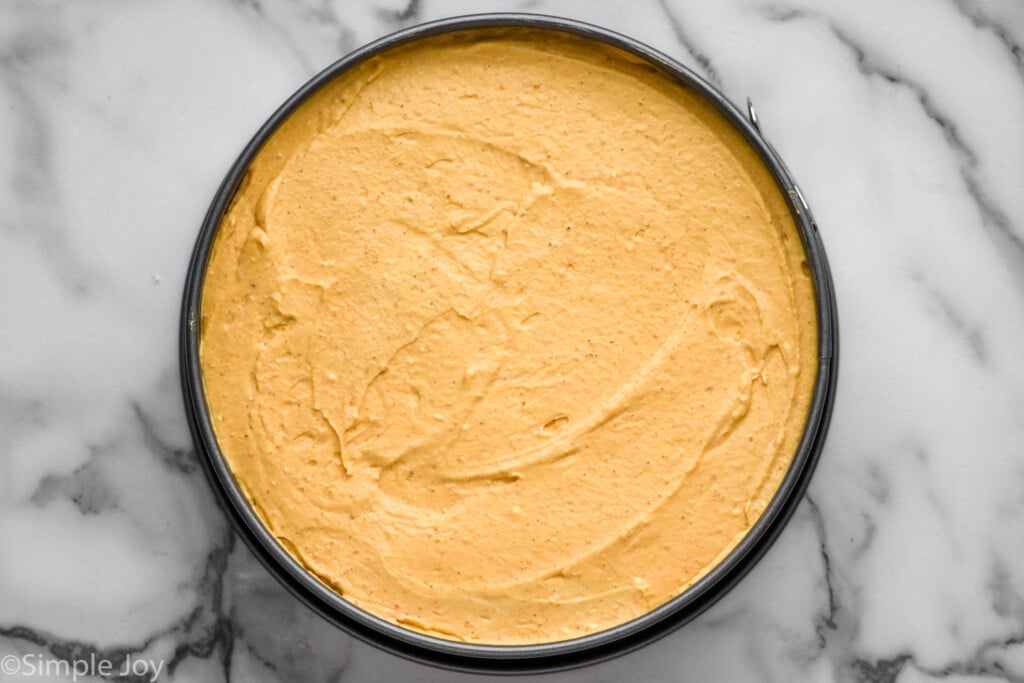 Overhead photo of No Bake Pumpkin Cheesecake in a springform pan