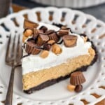 Slice of Peanut Butter Pie on a plate with a fork