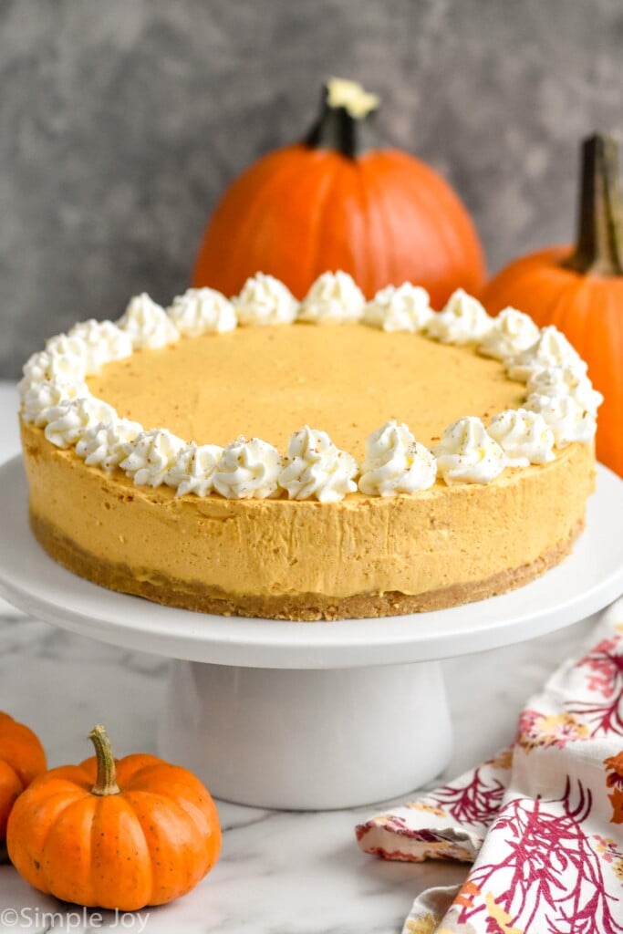 Photo of No Bake Pumpkin Cheesecake on a cake platter with pumpkins beside