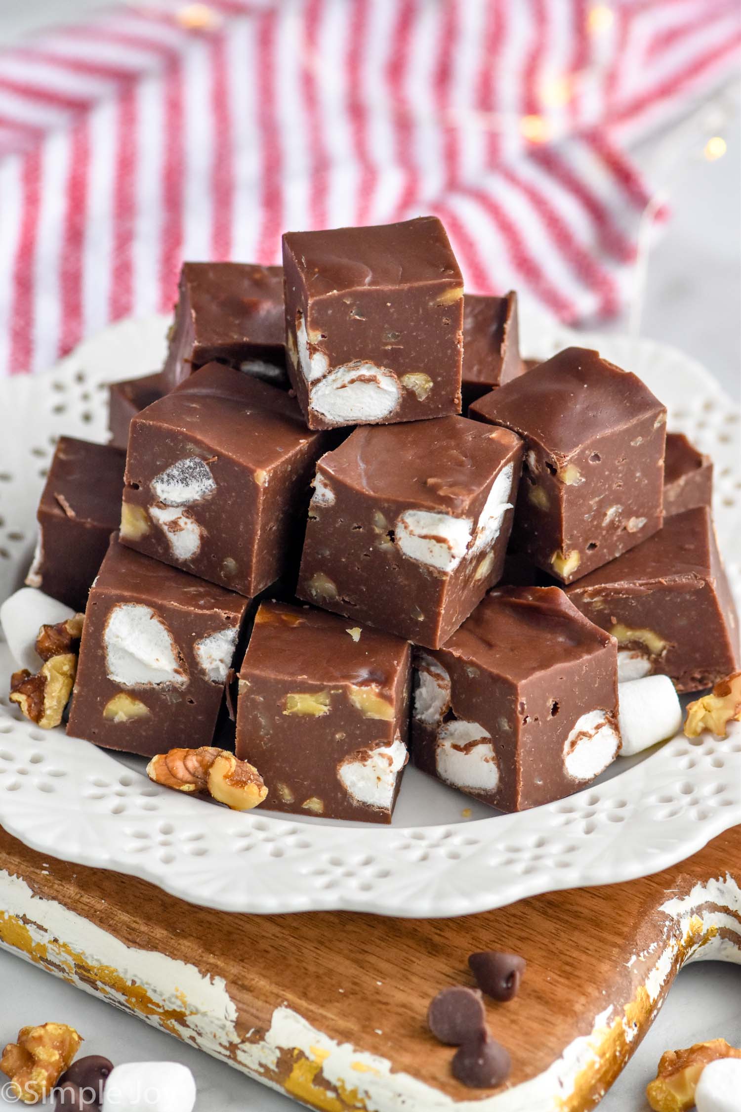 Photo of stack of Rocky Road Fudge pieces served on a platter.