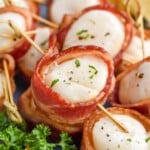 Close up photo of Bacon Wrapped Scallops on a plate