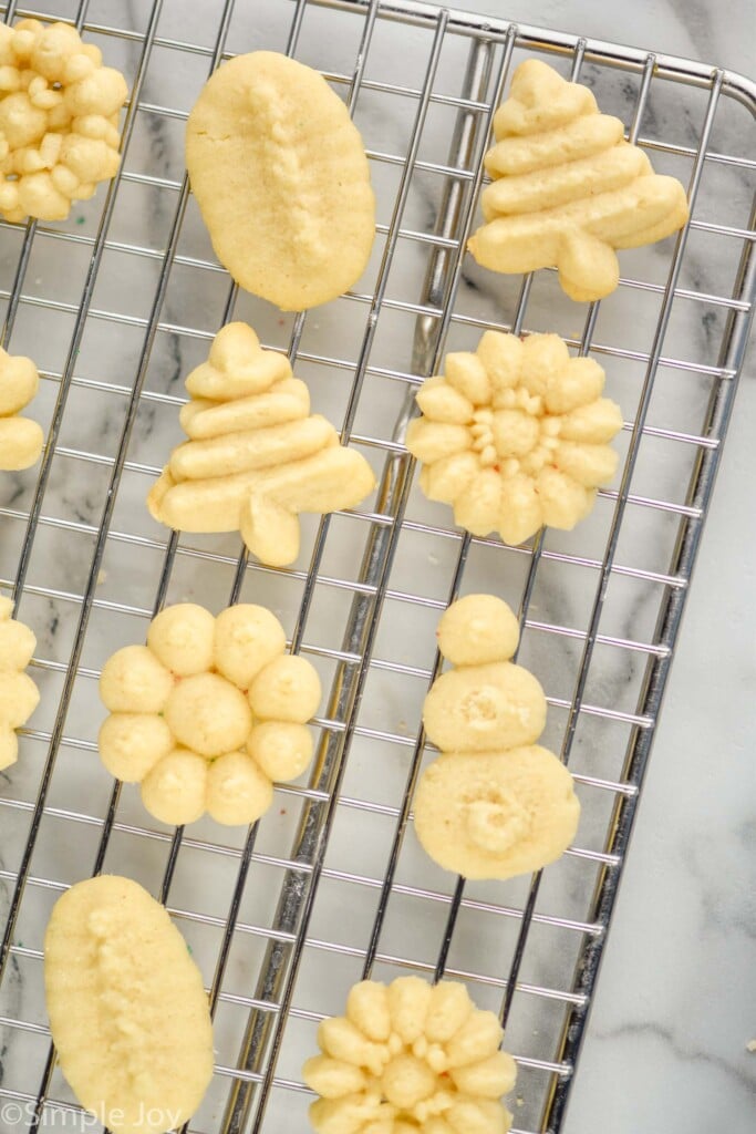 Overhead photo of Spritz Cookies on cooling rack