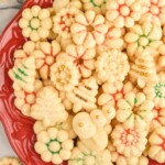 Overhead photo of a platter of decorated Spritz Cookies