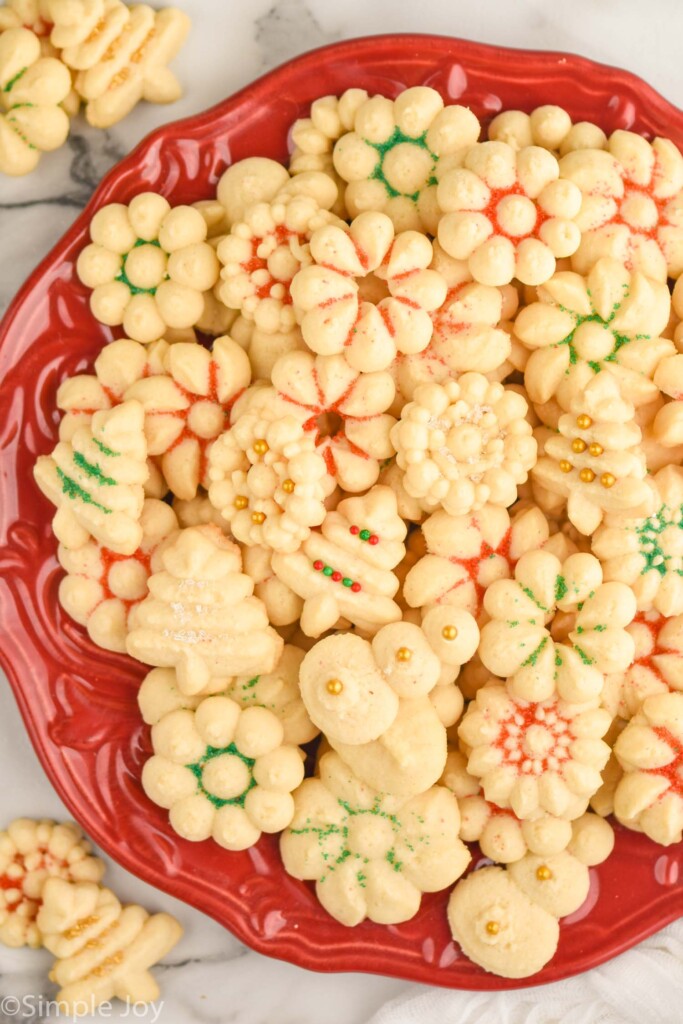 Overhead photo of a platter of decorated Spritz Cookies