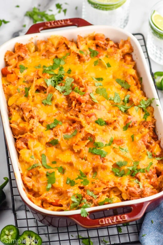 Baking dish of Fajita Casserole on a cooling rack