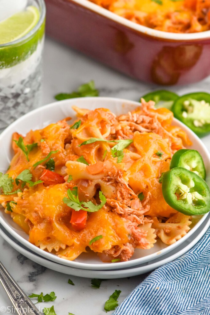 Fajita Casserole on a plate with sliced jalapenos.