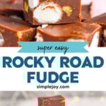 pinterest graphic of rocky road fudge, says: "super easy rocky road fudge simplejoy.com"