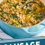 Pinterest graphic for sausage and kale soup recipe. Image shows a pot of sausage and kale soup with a ladle. Text says, "sausage & kale soup simplejoy.com"