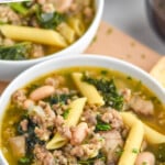 Pinterest graphic for sausage and kale soup recipe. Text says, "the best sausage and kale soup simplejoy.com." Image shows bowls of sausage and kale soup