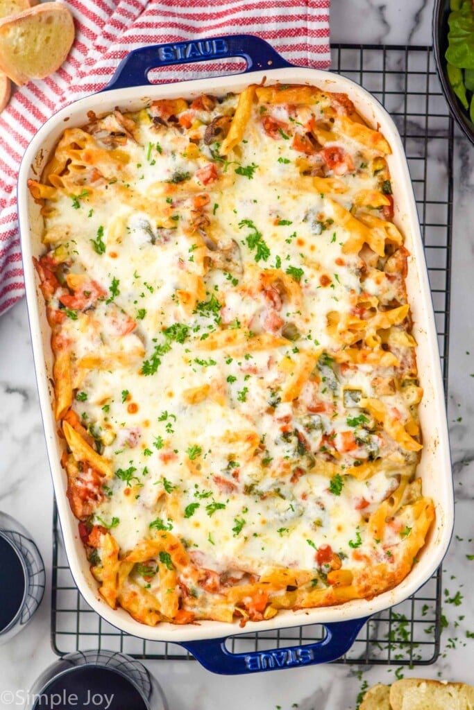 overhead view of baking dish of Vegetarian Pasta Bake on a cooling rack