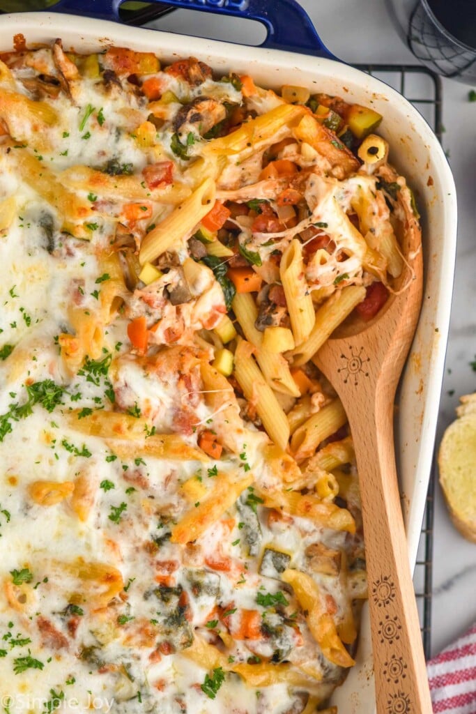 Wooden spoon in Vegetarian Pasta Bake