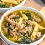 Bowls of sausage and kale soup