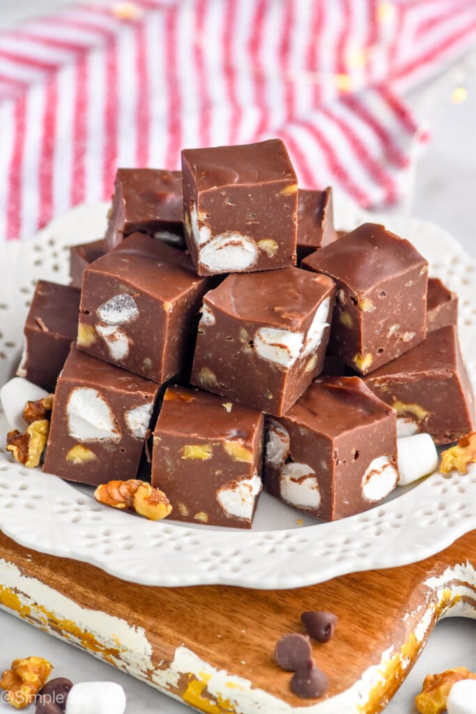 Photo of stack of Rocky Road Fudge pieces served on a platter. - 5