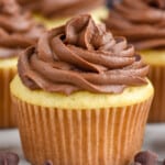 Cupcakes topped with Chocolate Cream Cheese Frosting. Chocolate chips beside. - 7