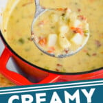 pinterest graphic of easy creamy potato soup being ladled out of a stock pot, says: "creamy potato soup simplejoy.com"