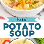 pinterest graphic of creamy potato soup, says: "the best potato soup, simplejoy.com"