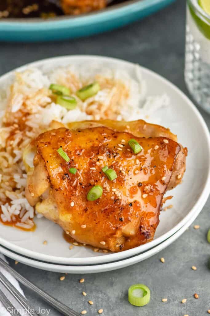 Honey Garlic Chicken Thighs on a plate with rice