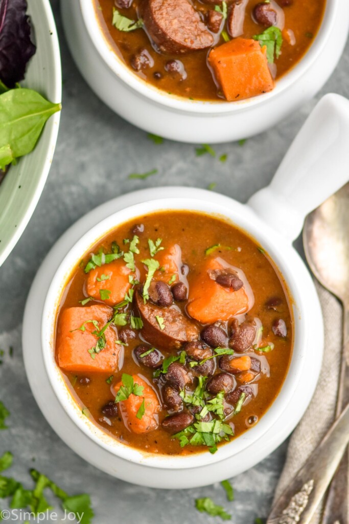 Overhead view of bowls of Black Bean Soup with Andouille