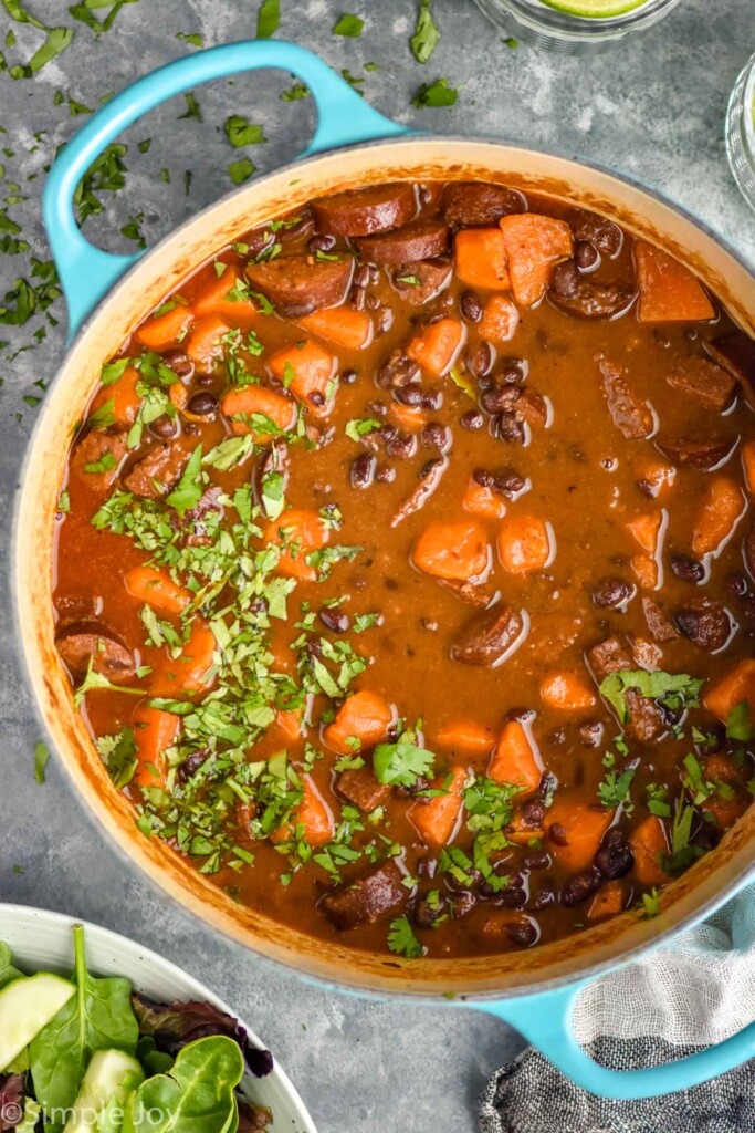 Overhead view of a pot of Black Bean Soup with Andouille