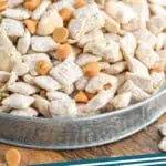 Pinterest graphic for Butterscotch Muddy Buddies recipe. Image shows Butterscotch Muddy Buddies. Text says, "Butterscotch Muddy Buddies simplejoy.com"
