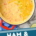 Pinterest graphic for Ham and Potato Soup recipe. Image is overhead view of a pot of Ham and Potato Soup. Text says, "ham & potato soup simplejoy.com"