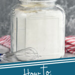 Pinterest graphic for How to Measure Flour. Image shows person's hand leveling measuring cup of flour with spatula handle over flour container. Text says, "how to measure flour simplejoy.com"