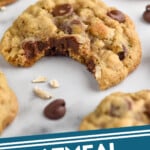Pinterest graphic for Oatmeal Chocolate Chip Cookies recipe. Image shows Oatmeal Chocolate Chip Cookies with a bite taken out. Text says, "Oatmeal Chocolate Chip Cookies simplejoy.com"
