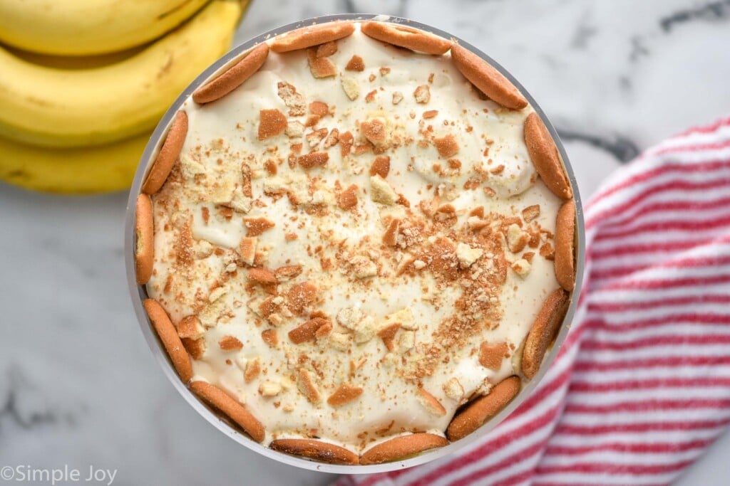 Overhead view of Banana Pudding with bananas beside