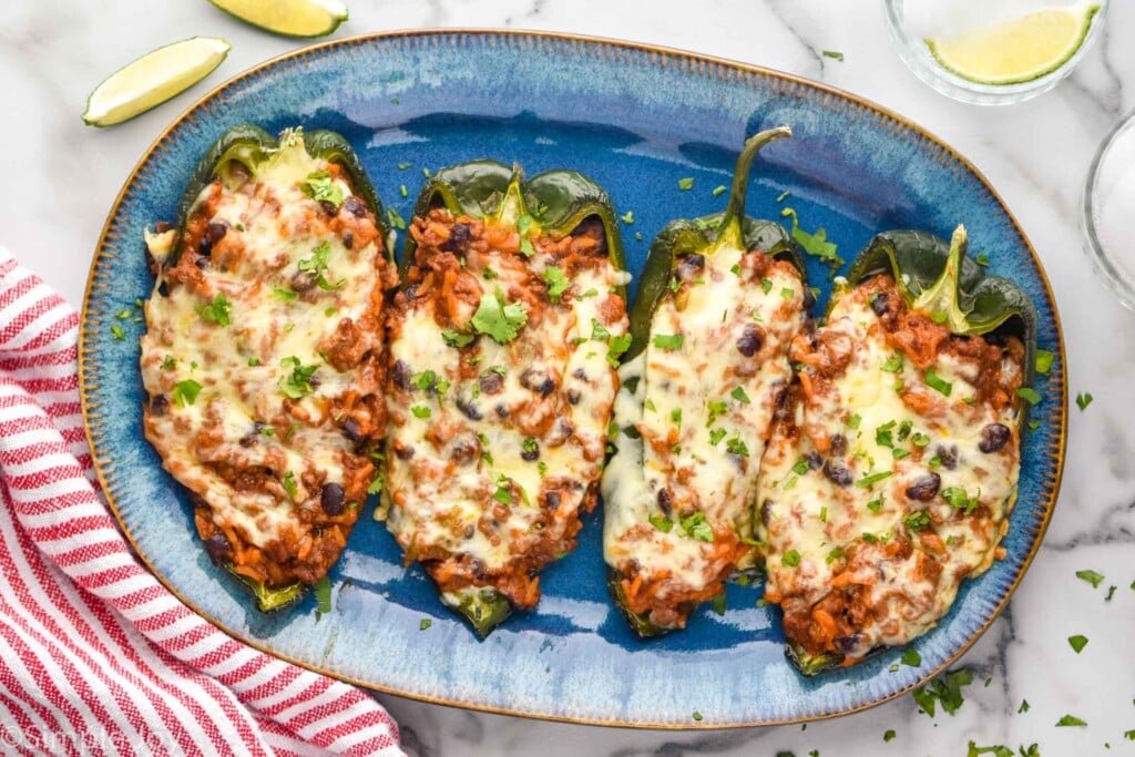 Overhead view of a platter of Stuffed Poblano Peppers