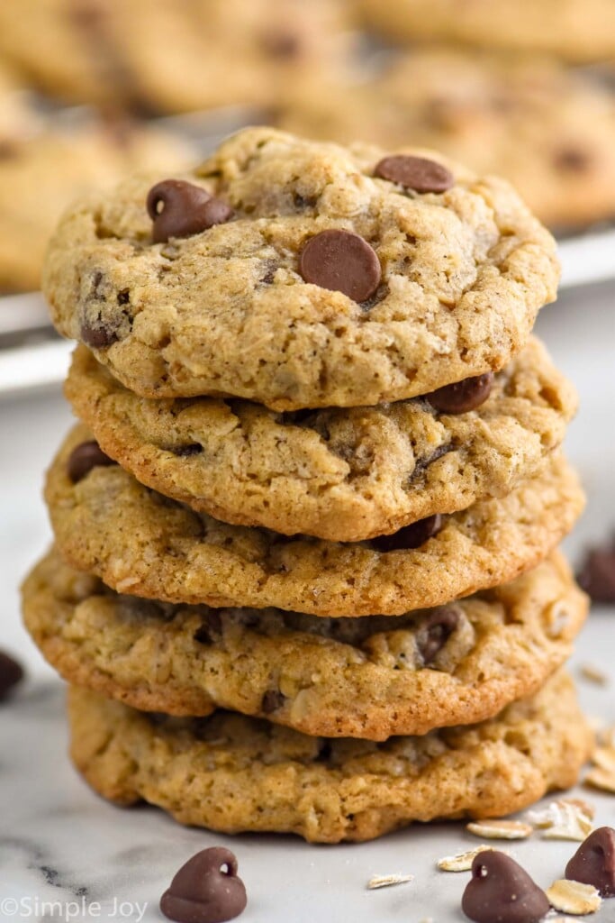 Side view of a stack of Oatmeal Chocolate Chip Cookies