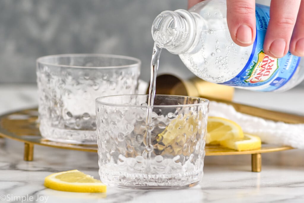 Side view of person's hand pouring club soda into tumbler for Gin Fizz recipe. Lemon slices beside.