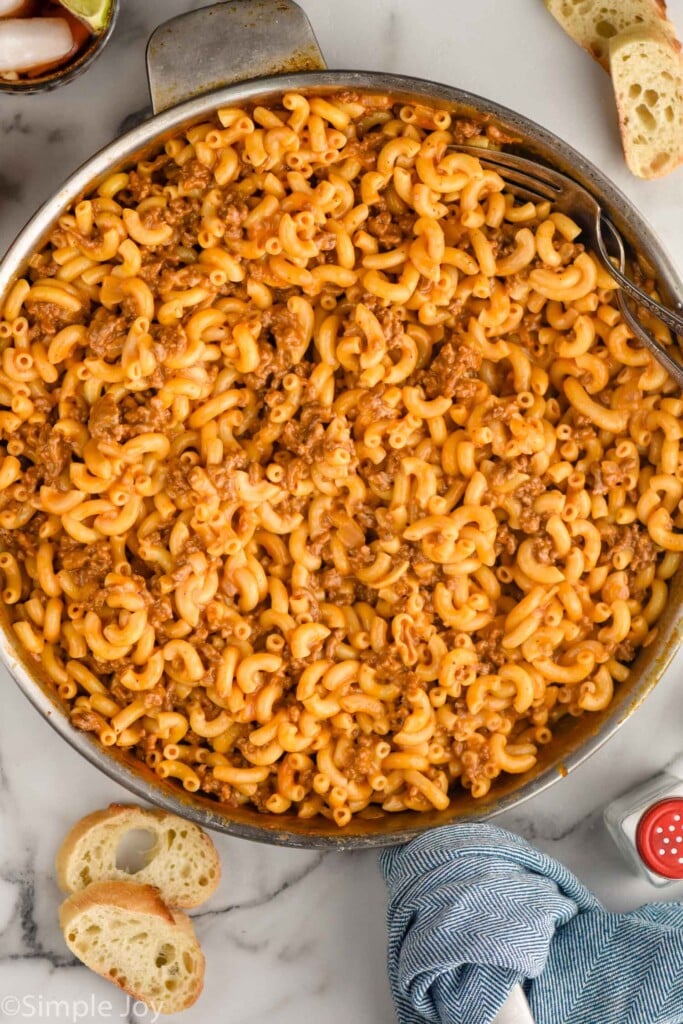 Overhead view of a skillet of Hamburger Helper