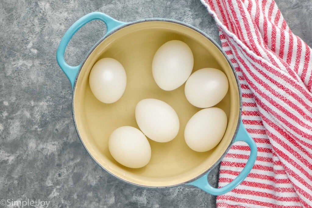 Overhead view of Hard boiled eggs in a pot