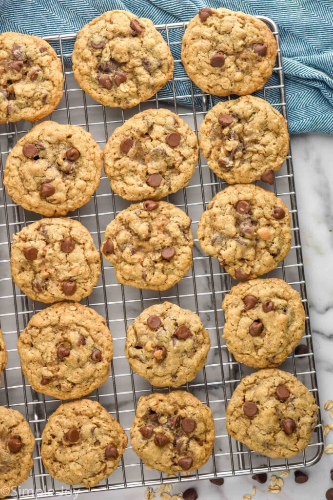 Overhead view of Oatmeal Chocolate Chip Cookies on a cooling rack