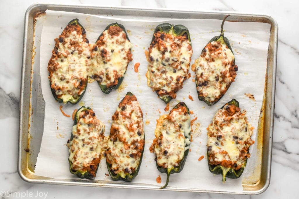 Overhead view of baking sheet of Stuffed Poblano Peppers