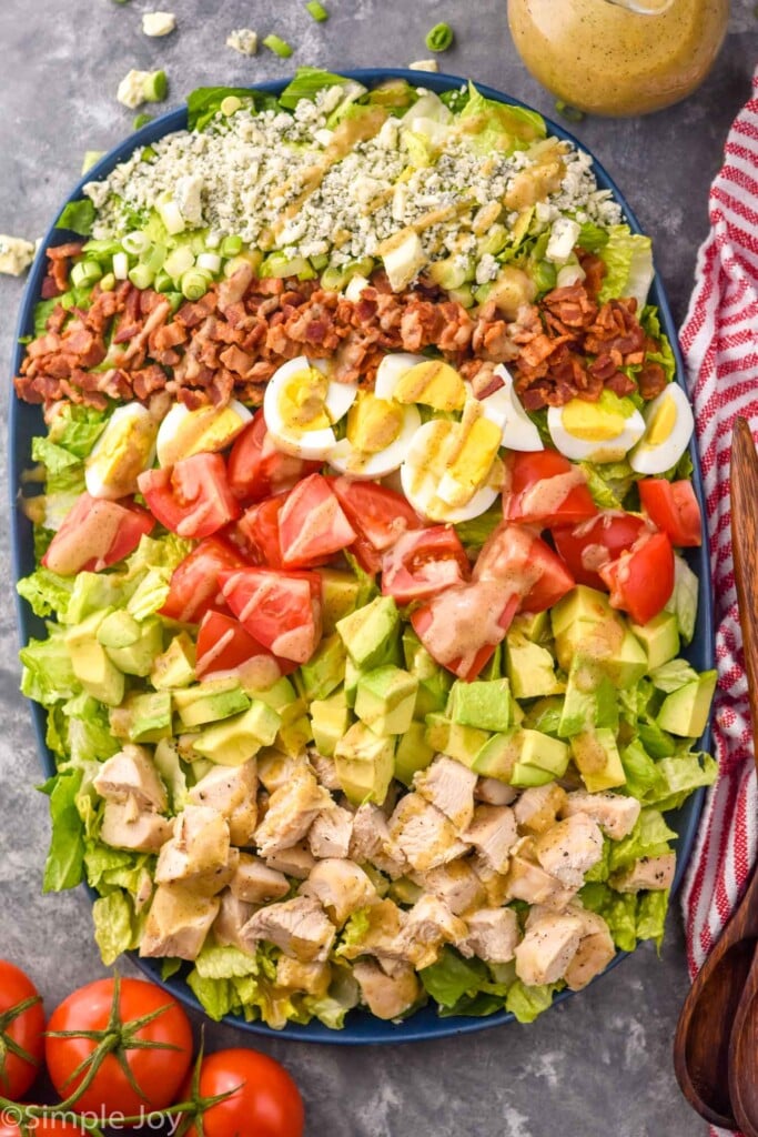 Overhead photo of cobb salad with Red Wine Vinaigrette drizzled on top