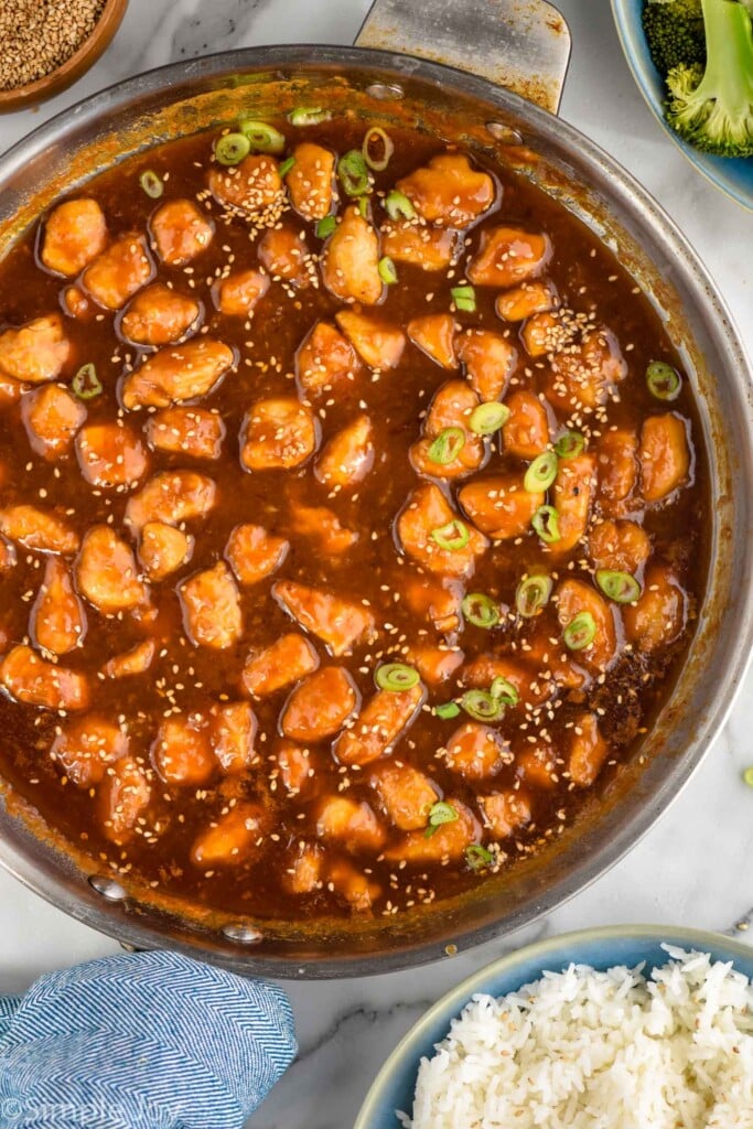 Overhead view of skillet of Sesame Chicken