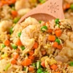 Close up photo of Shrimp Fried Rice with a spoon