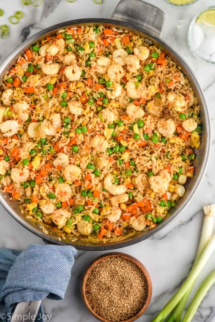 Overhead view of a skillet of Shrimp Fried Rice