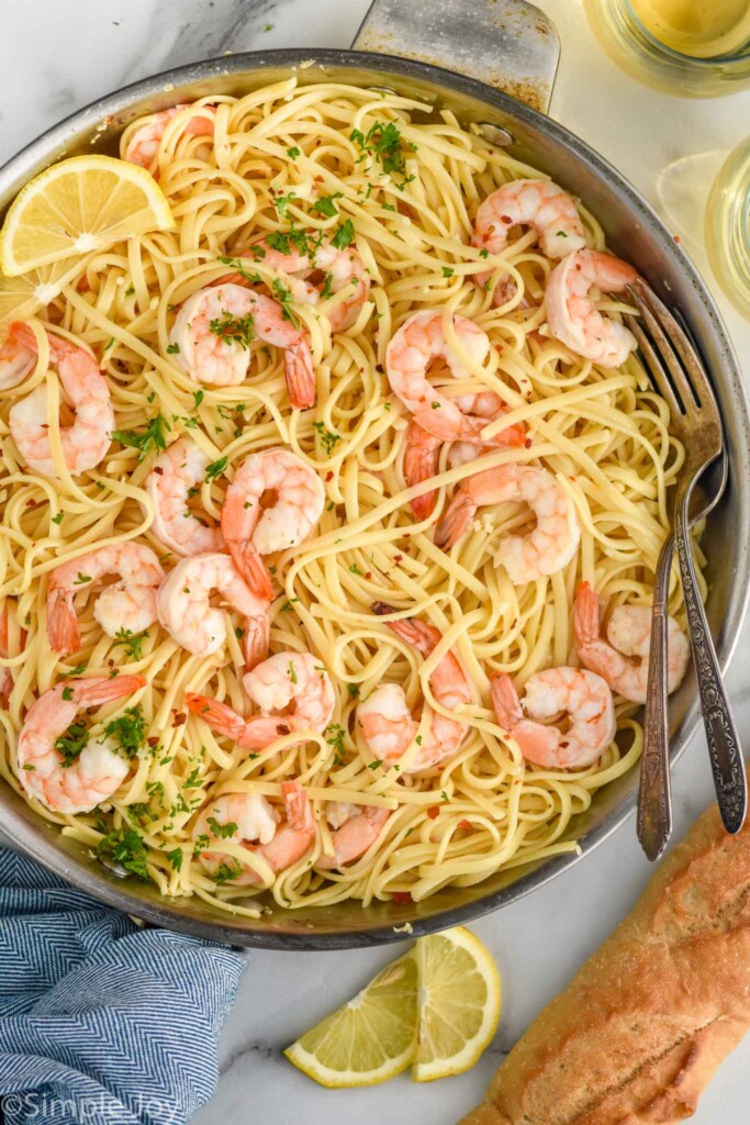 Overhead view of a skillet of Shrimp Linguine