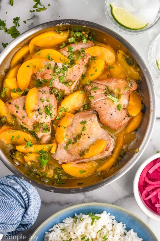 Overhead view of skillet of Peach Jalapeño Tuna Steak recipe