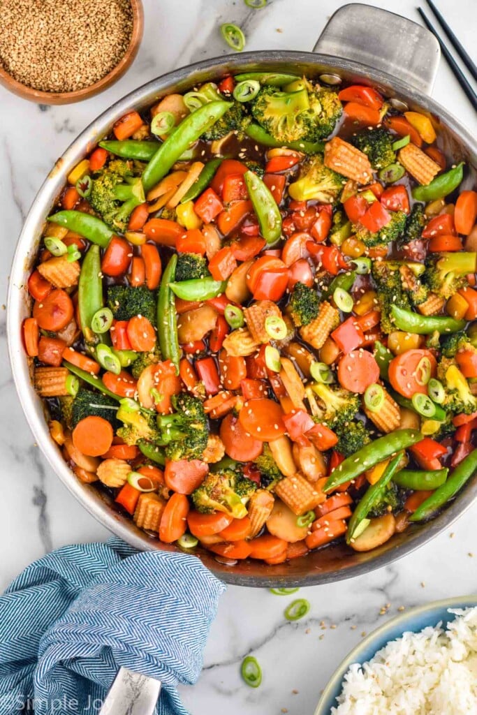 Overhead view of a skillet of Vegetable Stir Fry