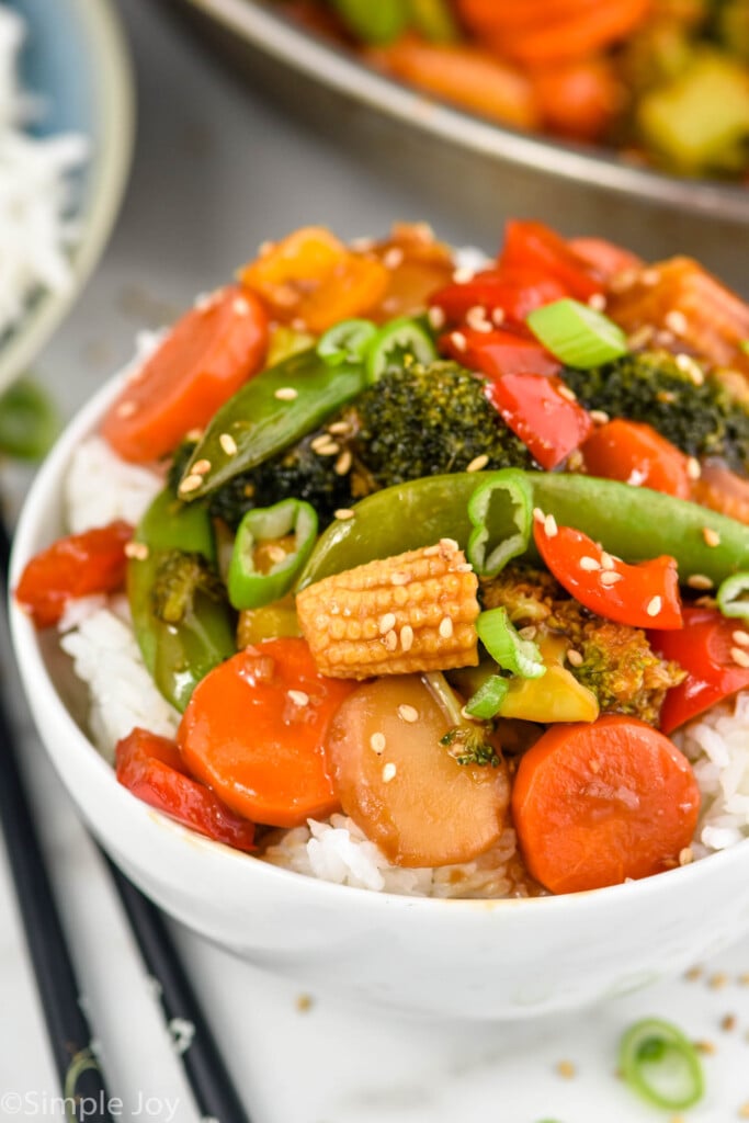 Vegetable Stir Fry served in a bowl with rice