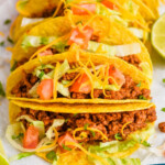 Pinterest graphic for Taco Meat recipe. Image shows tacos made with Taco Meat recipe. Text says, "15 minute Taco Meat simplejoy.com"