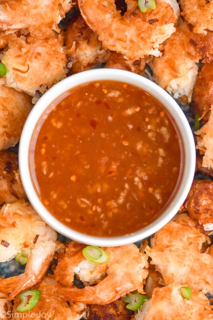 Overhead view of Chili Sauce with shrimp beside