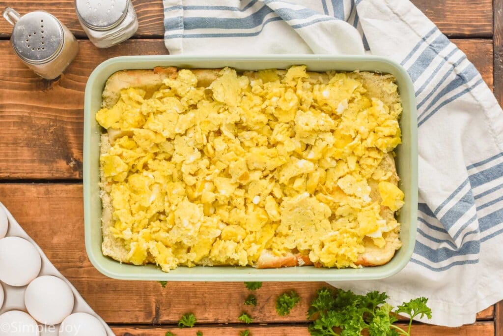 Overhead view of baking dish of ingredients for Breakfast Sliders recipe