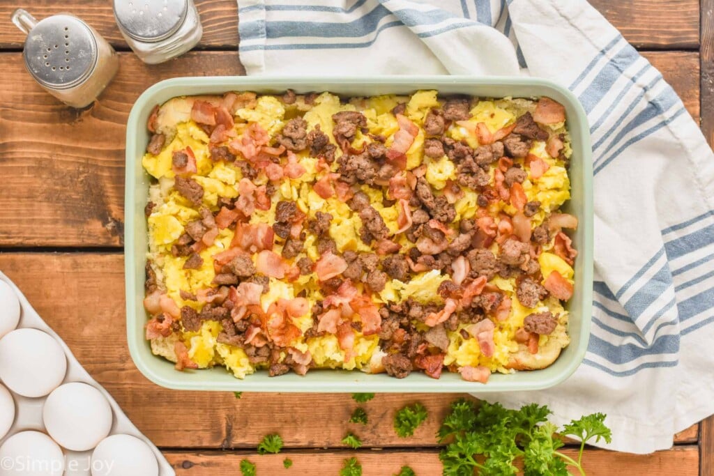 Overhead view of baking dish of ingredients for Breakfast Sliders recipe