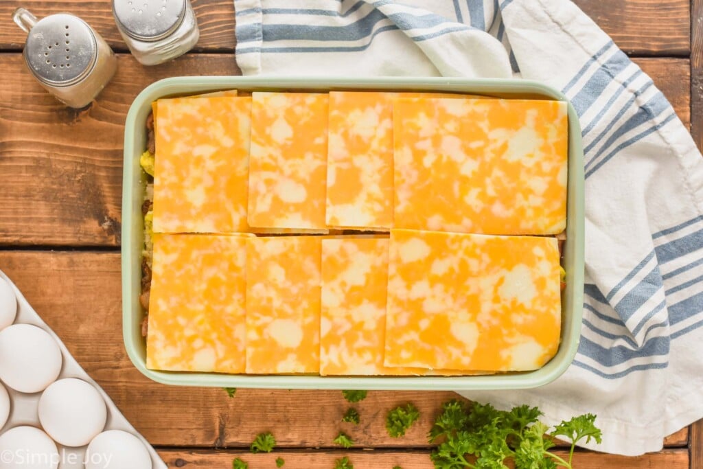 Overhead photo of cheese layer of Breakfast Sliders recipe
